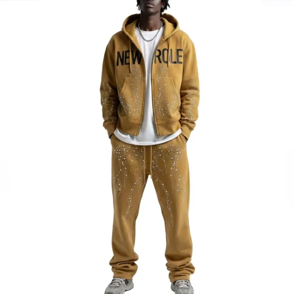 Mustard Rhinestone Washed Zip-Up Hoodie Set