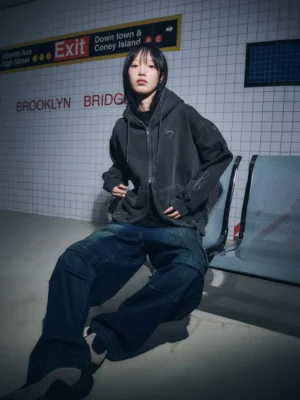 Washed Black Embroidered Oversized Zip-Up Hoodie