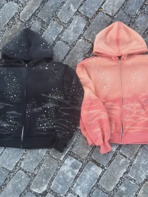 Pink Gradient Rhinestone Oversized Zip Up Hoodie Pink Gradient Rhinestone Oversized Zip Up Hoodie