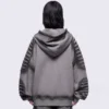 Dark Grey Pleated-Sleeve Lace-Up Zip-Up Hoodie