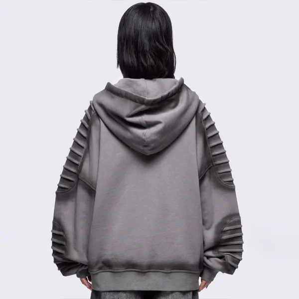 Dark Grey Pleated-Sleeve Lace-Up Zip-Up Hoodie