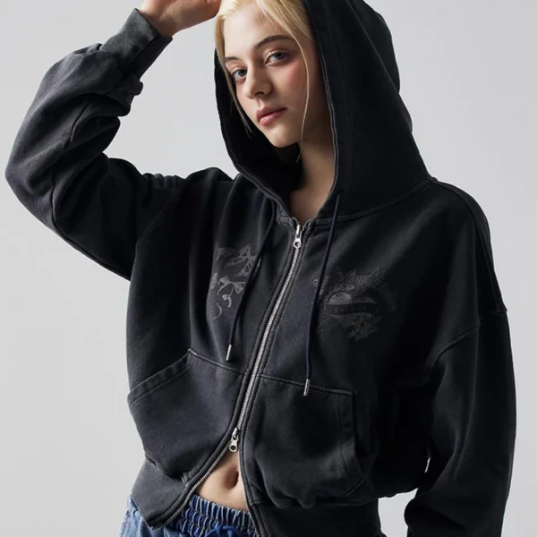 Bow Print Vintage Wash Cropped Zip Hoodie Bow Print Vintage Wash Cropped Zip Hoodie