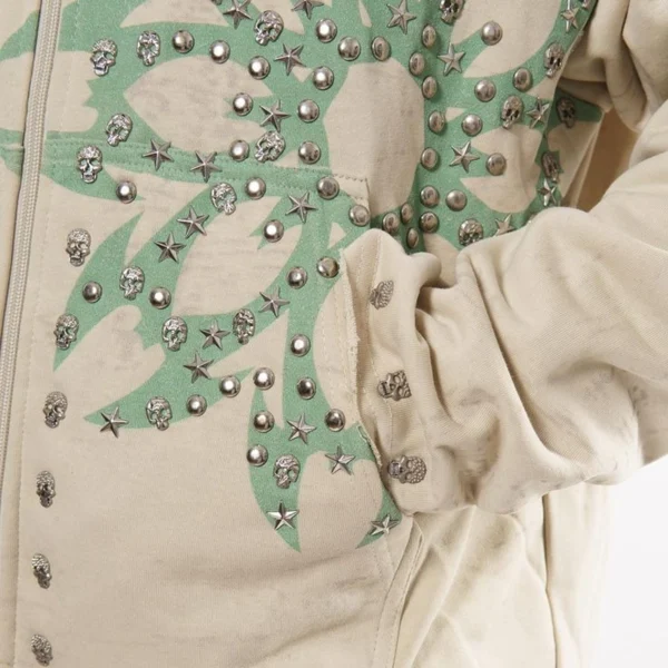 Beige Studded Floral Zip-Up Hoodie Beige Studded Floral Zip-Up Hoodie
