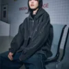 Washed Black Embroidered Oversized Zip-Up Hoodie Washed Black Embroidered Oversized Zip-Up Hoodie