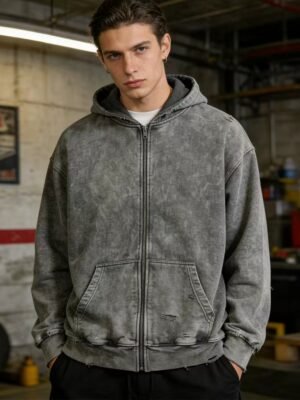 Vintage Washed Distressed Zip Up Hoodie