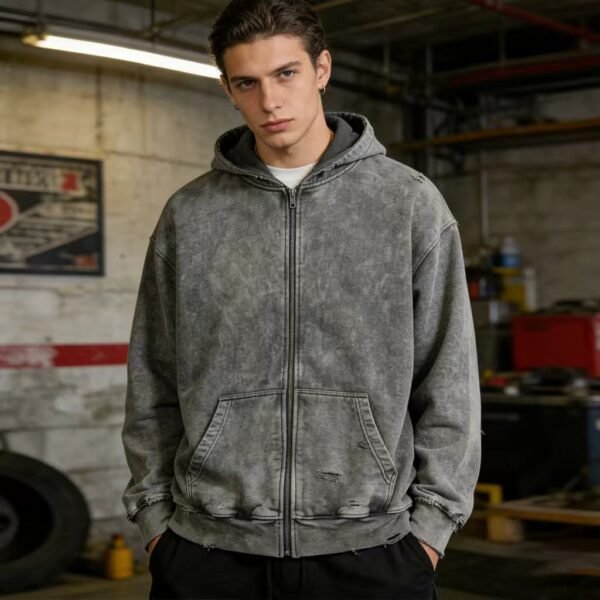 Vintage Washed Distressed Zip Up Hoodie