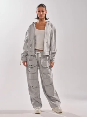 Heather Gray Drawstring-Waist Cropped Zip-Up Hoodie Heather Gray Drawstring-Waist Cropped Zip-Up Hoodie