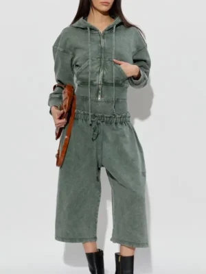 Washed Green Corset-Waist Cropped Zip-Up Hoodie