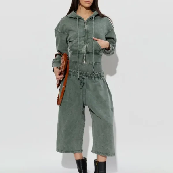 Washed Green Corset-Waist Cropped Zip-Up Hoodie