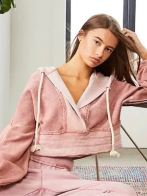 Blush Pink Balloon-Sleeve Cropped Wrap Hoodie