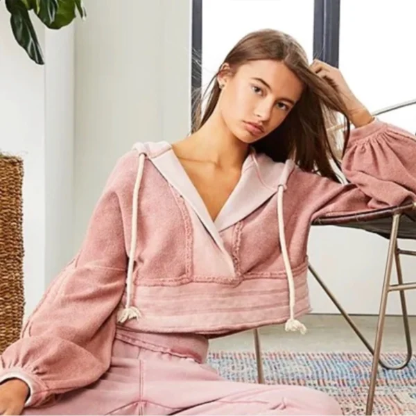 Blush Pink Balloon-Sleeve Cropped Wrap Hoodie