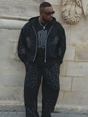 Black Rhinestone-Embellished Zip-Up Hoodie Set