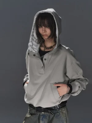 Grey Oversized Button-Up Hooded Sweatshirt