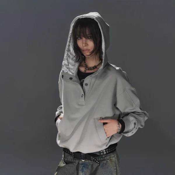Grey Oversized Button-Up Hooded Sweatshirt