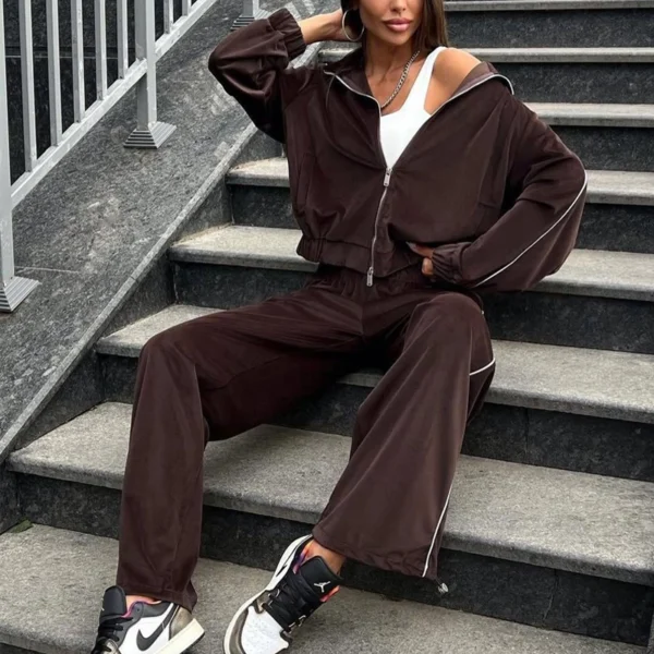 Red Brown Velour Oversized Zip Up Tracksuit