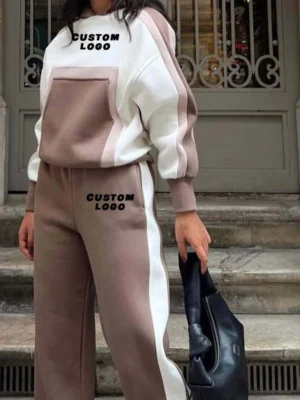 Brown White Colorblock Oversized Hoodie Tracksuit