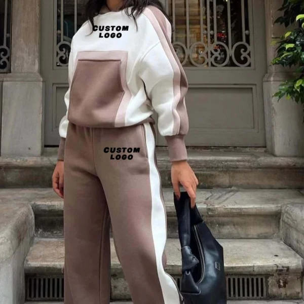 Brown White Colorblock Oversized Hoodie Tracksuit