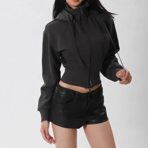 Pink Black Cropped Zip Up Hoodie with Detachable Hood Pink Black Cropped Zip Up Hoodie with Detachable Hood