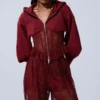 Burgundy Corset Style Cropped Hoodie TracksuitBurgundy Corset Style Cropped Hoodie Tracksuit