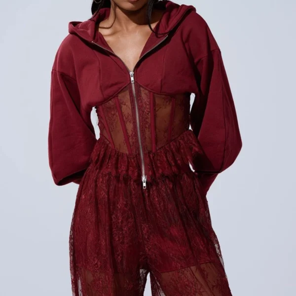 Burgundy Corset Style Cropped Hoodie TracksuitBurgundy Corset Style Cropped Hoodie Tracksuit