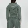 Washed Green Corset-Waist Cropped Zip-Up Hoodie