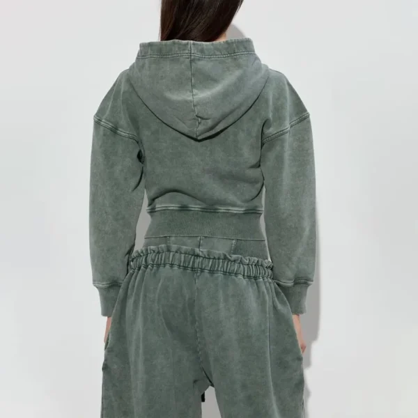 Washed Green Corset-Waist Cropped Zip-Up Hoodie