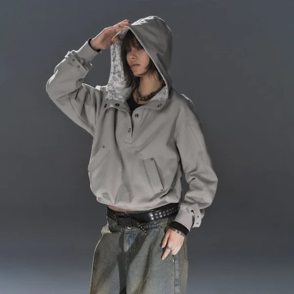 Grey Oversized Button-Up Hooded Sweatshirt