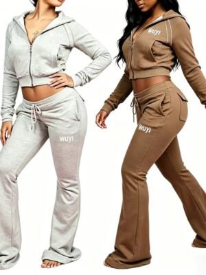 Cropped Zip-Up Hoodie Flared Pants Tracksuit