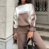 Brown White Colorblock Oversized Hoodie Tracksuit