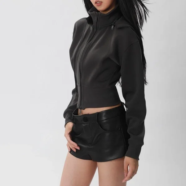 Pink Black Cropped Zip Up Hoodie with Detachable Hood Pink Black Cropped Zip Up Hoodie with Detachable Hood