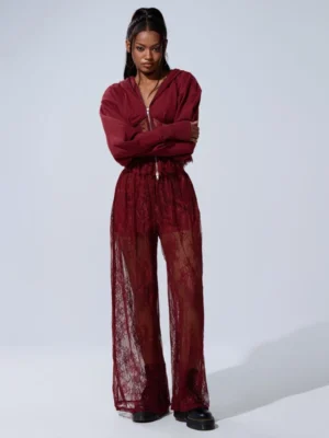Burgundy Corset Style Cropped Hoodie TracksuitBurgundy Corset Style Cropped Hoodie Tracksuit