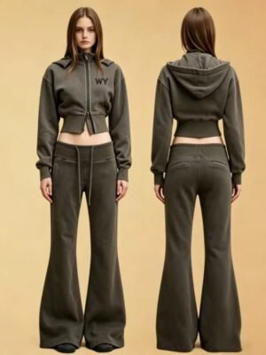 Charcoal Custom Logo Cropped Flare Pants Tracksuit