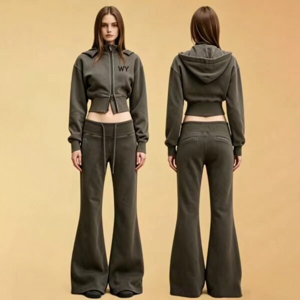 Charcoal Custom Logo Cropped Flare Pants Tracksuit