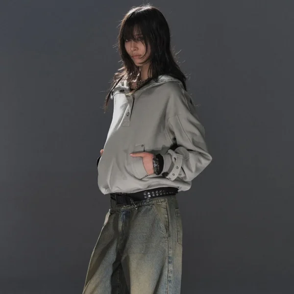 Grey Oversized Button-Up Hooded Sweatshirt