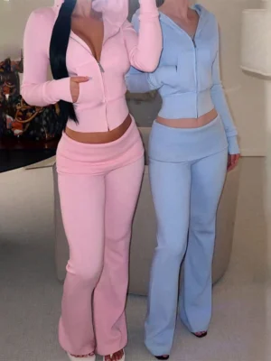 Womens Zip Up Flare Leg Tracksuit Set