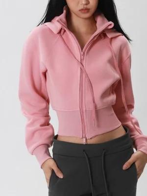 Pink Black Cropped Zip Up Hoodie with Detachable Hood Pink Black Cropped Zip Up Hoodie with Detachable Hood