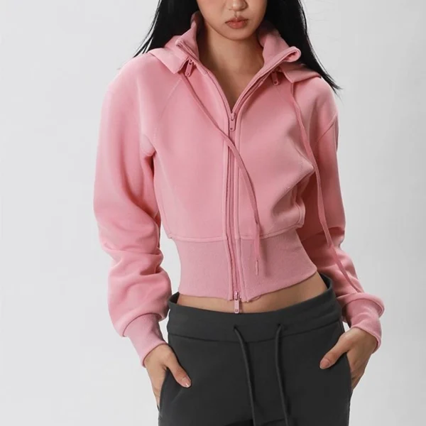 Pink Black Cropped Zip Up Hoodie with Detachable Hood Pink Black Cropped Zip Up Hoodie with Detachable Hood