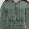 Washed Green Corset-Waist Cropped Zip-Up Hoodie