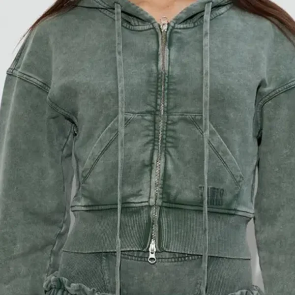 Washed Green Corset-Waist Cropped Zip-Up Hoodie