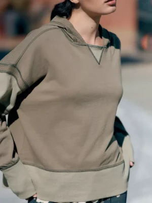 Olive Color-Blocked Exposed-Seam Oversized Hoodie
