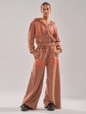 Washed Brown Studded Graphic Cropped Zip-Up Hoodie