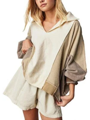 Patchwork Color-Block Oversized Collared Sweatshirt