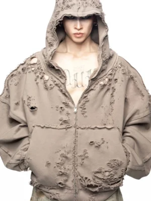 Brown Extreme Distressed Oversized Zip-Up Hoodie
