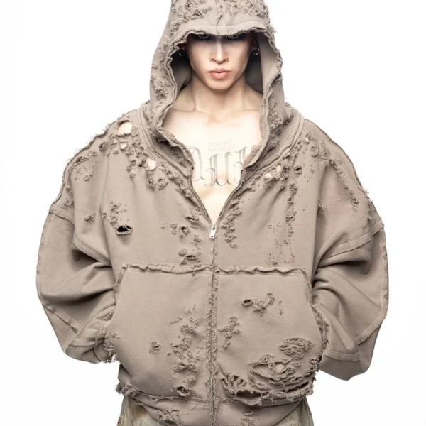 Brown Extreme Distressed Oversized Zip-Up Hoodie Brown Extreme Distressed Oversized Zip-Up Hoodie