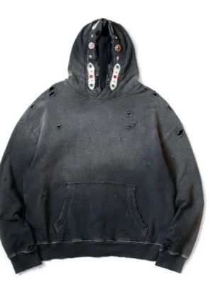 Black Distressed Jewel-Embellished Hoodie