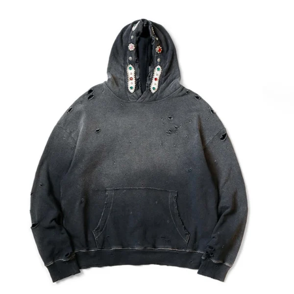 Black Distressed Jewel-Embellished Hoodie Black Distressed Jewel-Embellished Hoodie