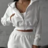 Womens White Cropped Zip Up Hoodie Set