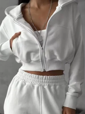 Womens White Cropped Zip Up Hoodie Set Womens White Cropped Zip Up Hoodie Set