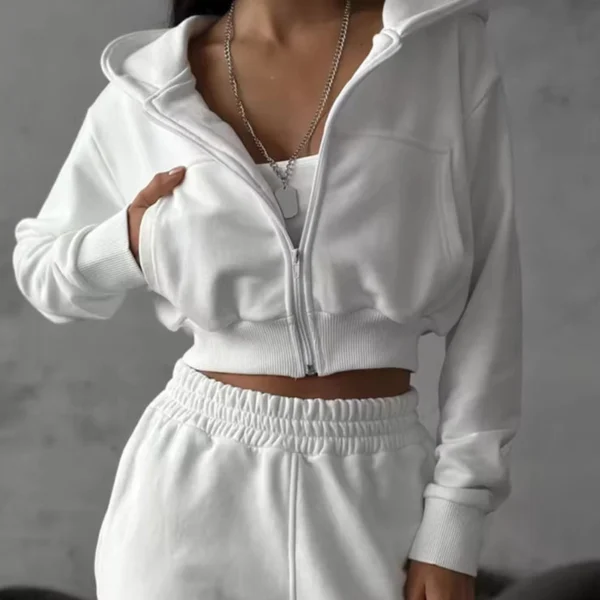 Womens White Cropped Zip Up Hoodie Set