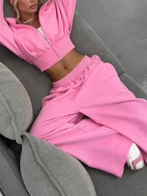 Womens Ruffle Hem Cropped Zip Hoodie Set